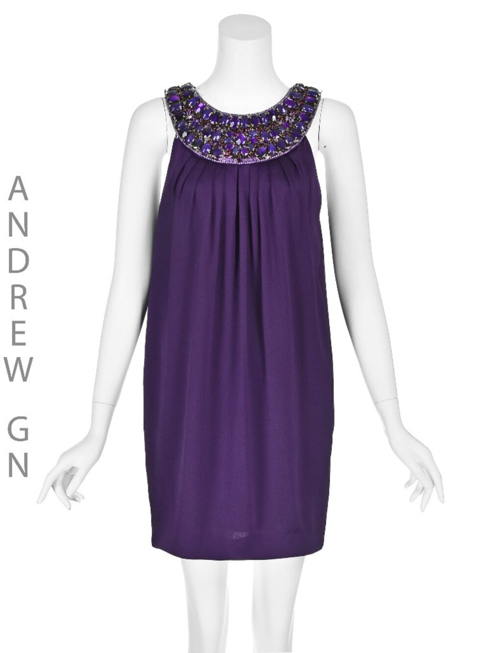 ANDREW GN Purple Mini Shift Dress with Big Beaded Yoke SZ 4